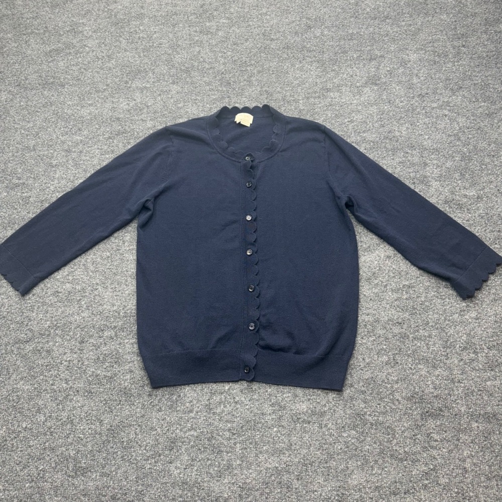 Kate Spade Navy Blue Scalloped Silk Cotton Cashmere Cardigan Sweater Large
